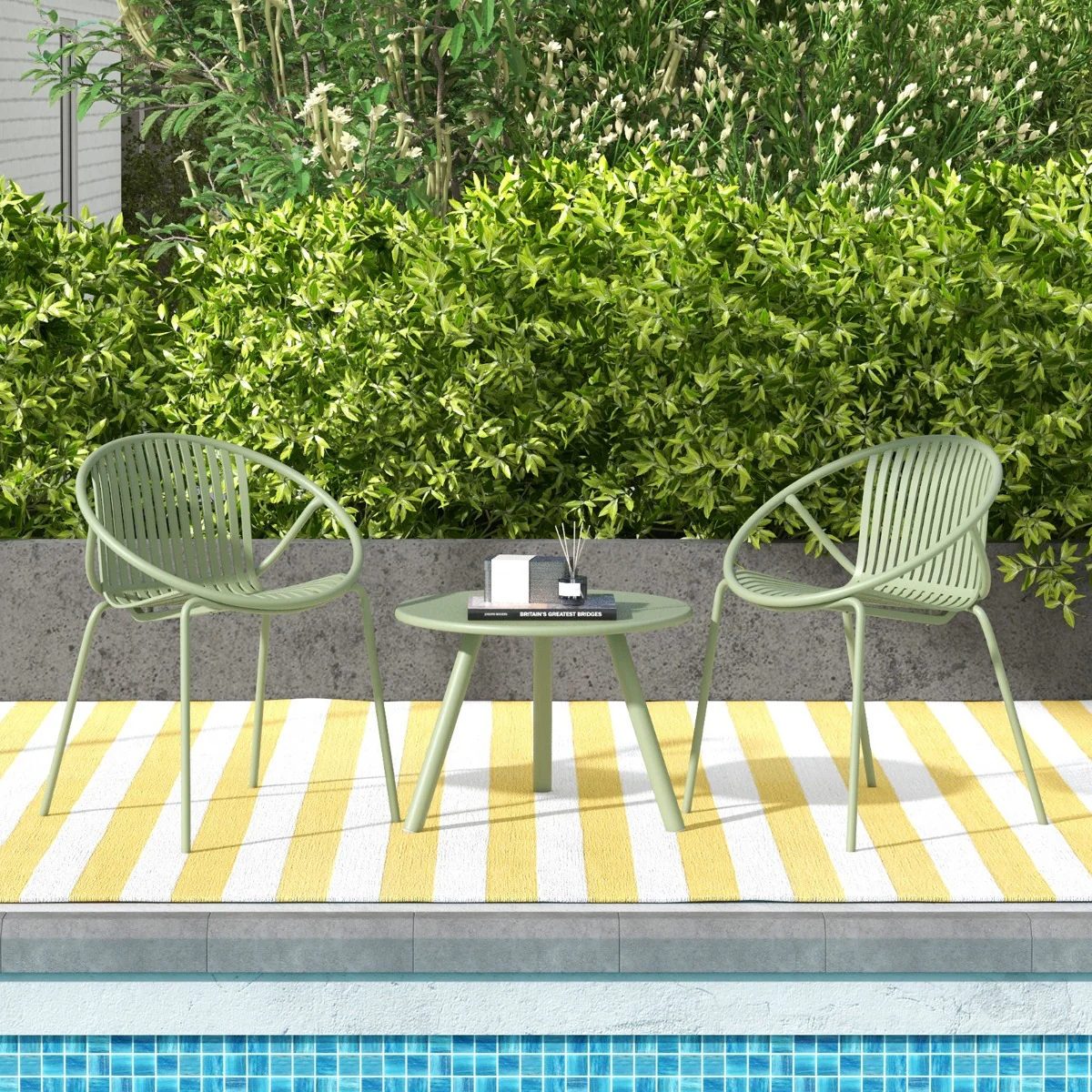 All Weather PP Patio Conversation 3 Pieces Bistro Set with Round Coffee table-Green - Image 3