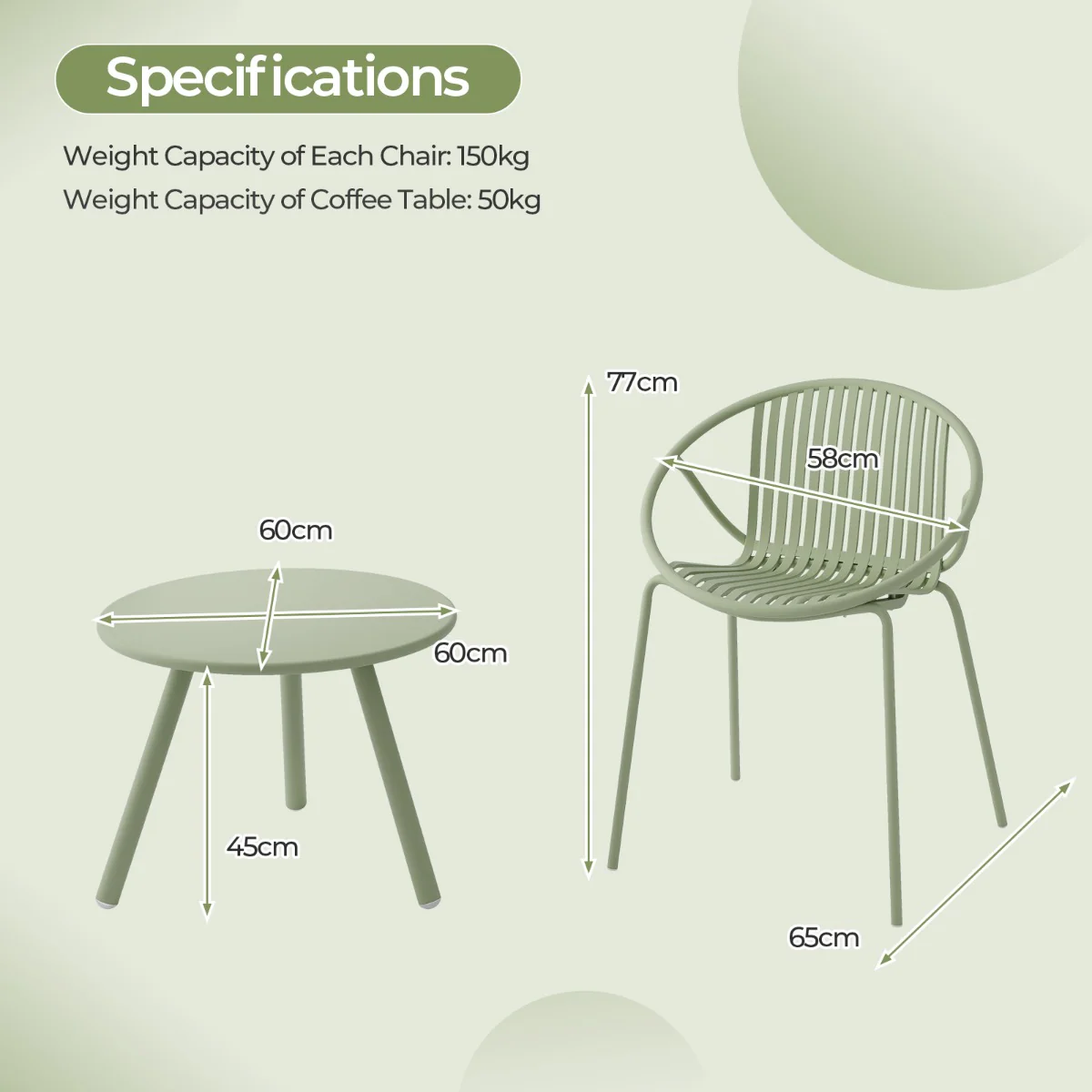 All Weather PP Patio Conversation 3 Pieces Bistro Set with Round Coffee table-Green - Image 5