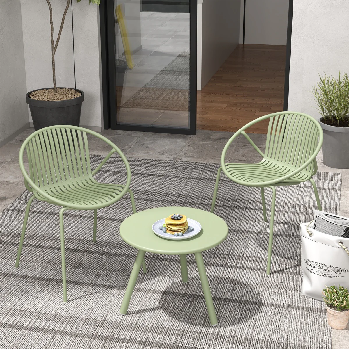 All Weather PP Patio Conversation 3 Pieces Bistro Set with Round Coffee table-Green - Image 6