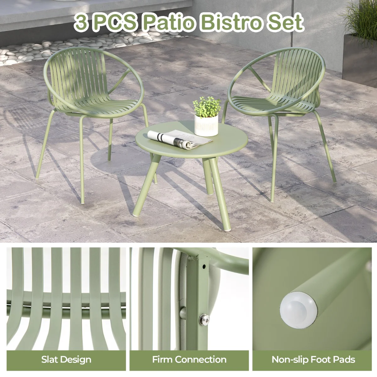 All Weather PP Patio Conversation 3 Pieces Bistro Set with Round Coffee table-Green - Image 7