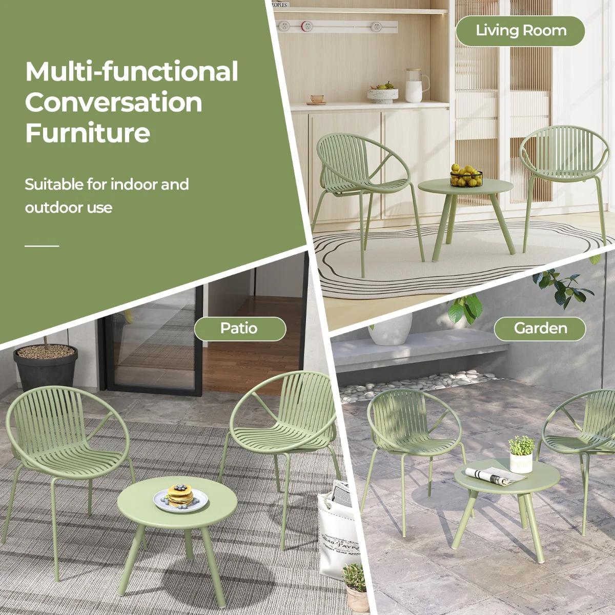 All Weather PP Patio Conversation 3 Pieces Bistro Set with Round Coffee table-Green - Image 9