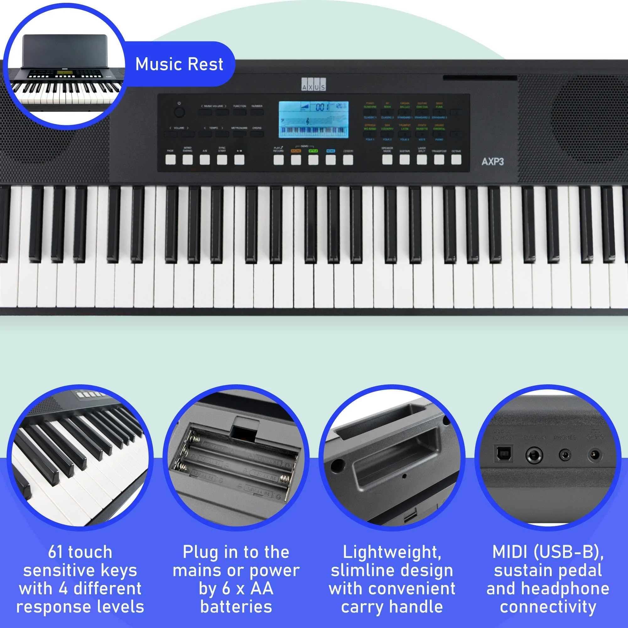 Axus 61 Key Touch Sensitive Portable Keyboard Pack - Image 2