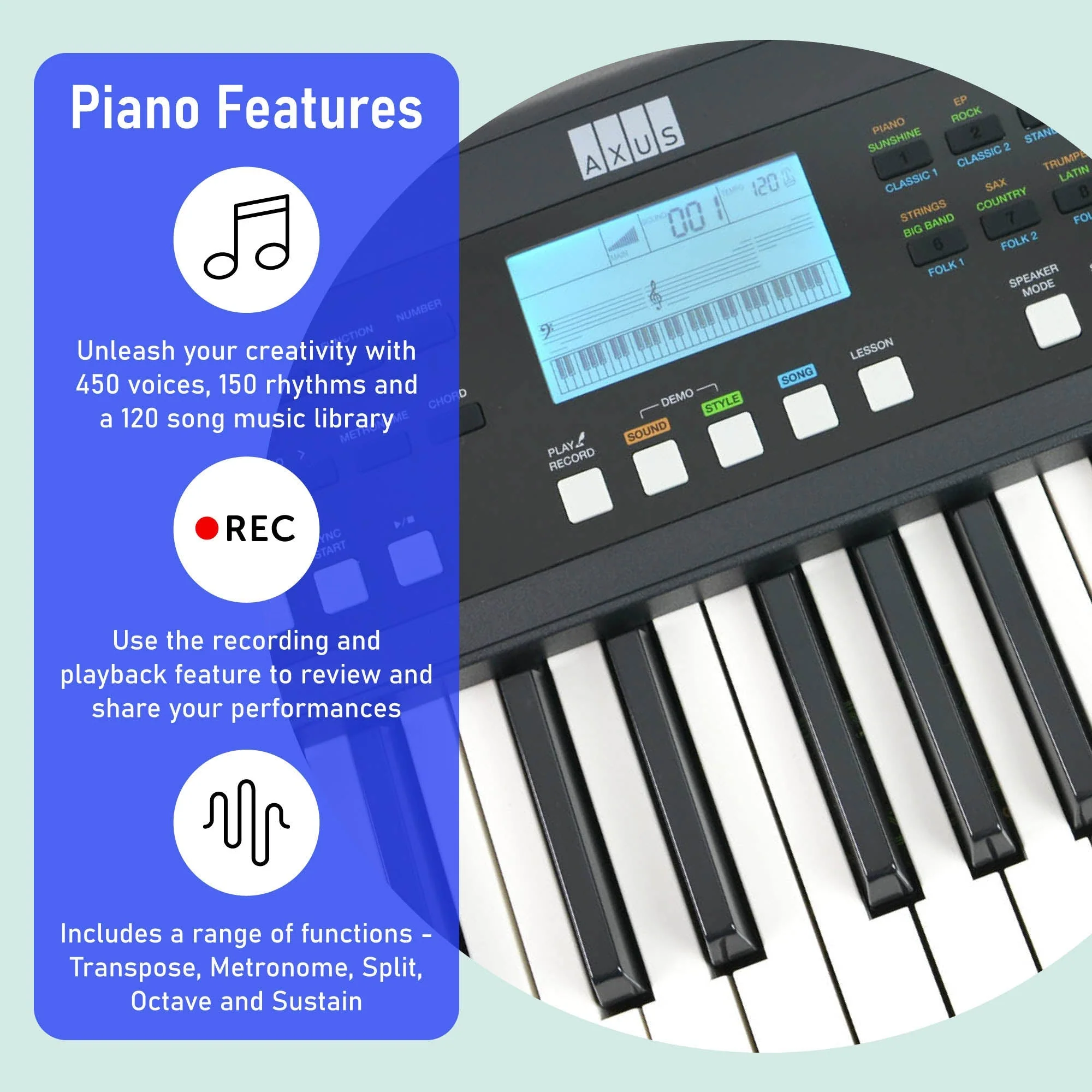 Axus 61 Key Touch Sensitive Portable Keyboard Pack - Image 3
