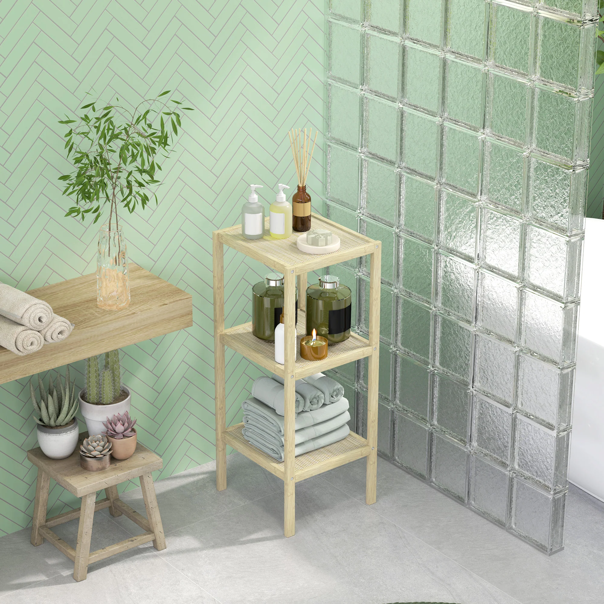 Bathroom Storage Shelving Unit, Freestanding Bamboo Shelves, Natural - Image 16