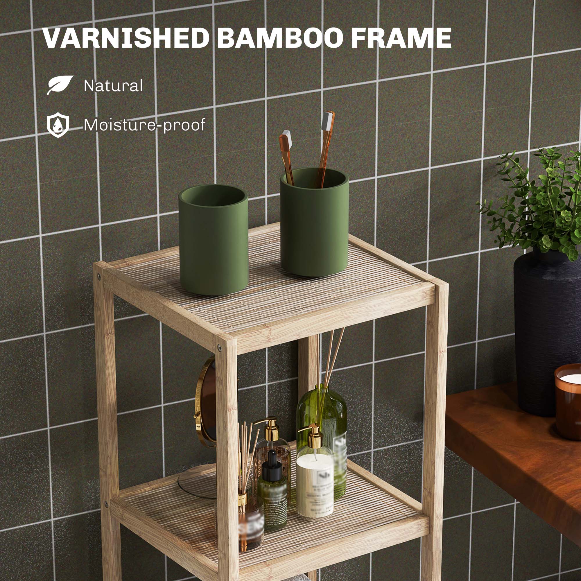 Bathroom Storage Shelving Unit, Freestanding Bamboo Shelves, Natural - Image 4