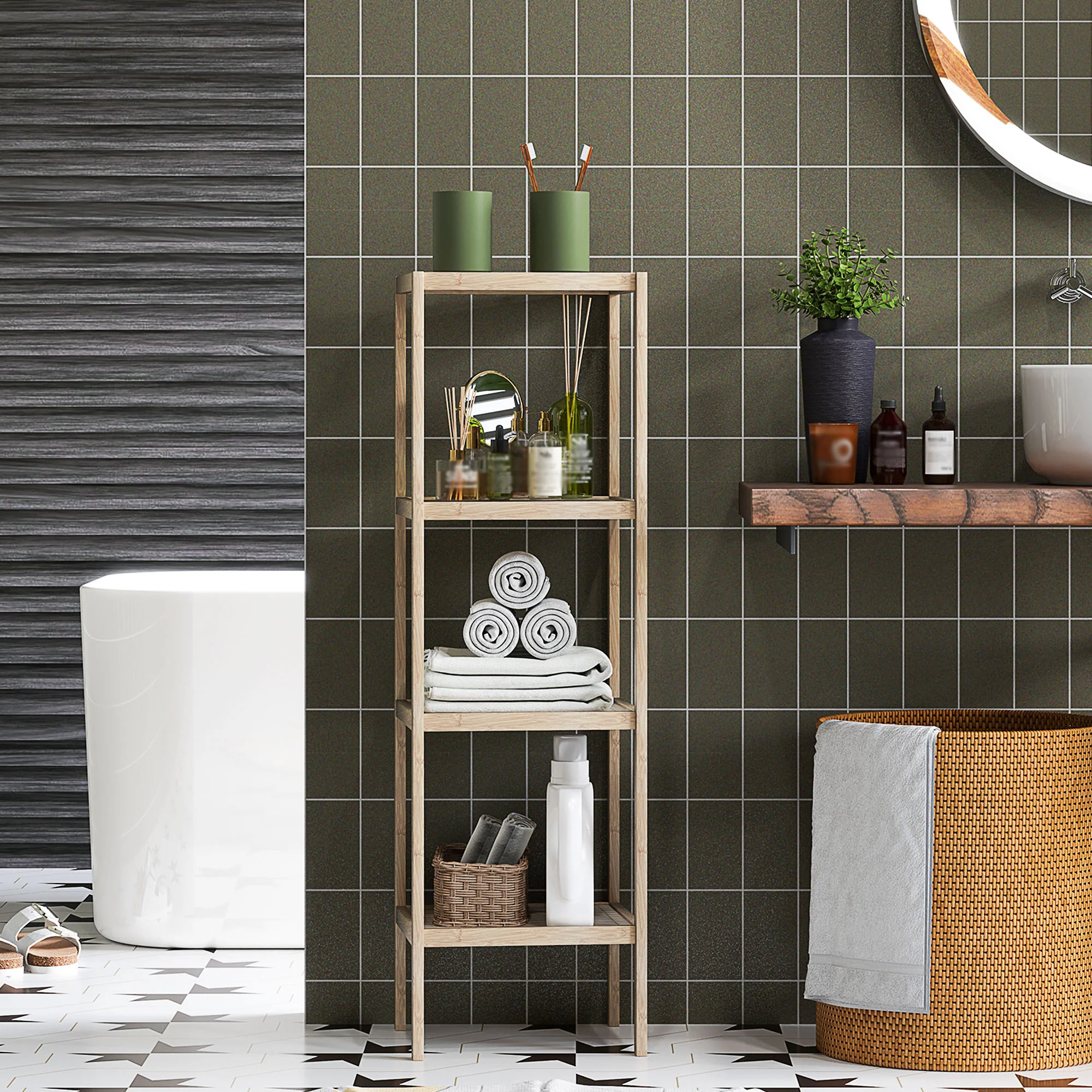 Bathroom Storage Shelving Unit, Freestanding Bamboo Shelves, Natural - Image 7