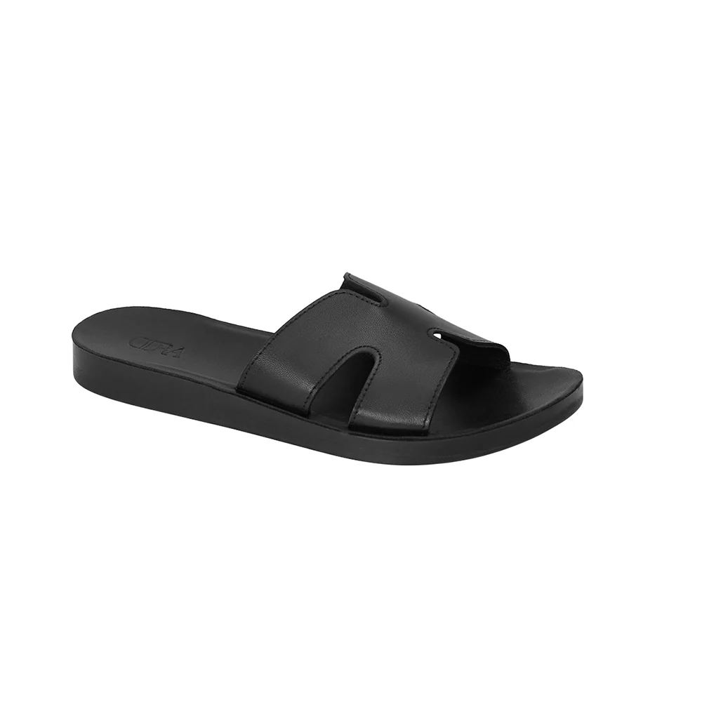 Black Flat Slide Leather Sandals - Image 3