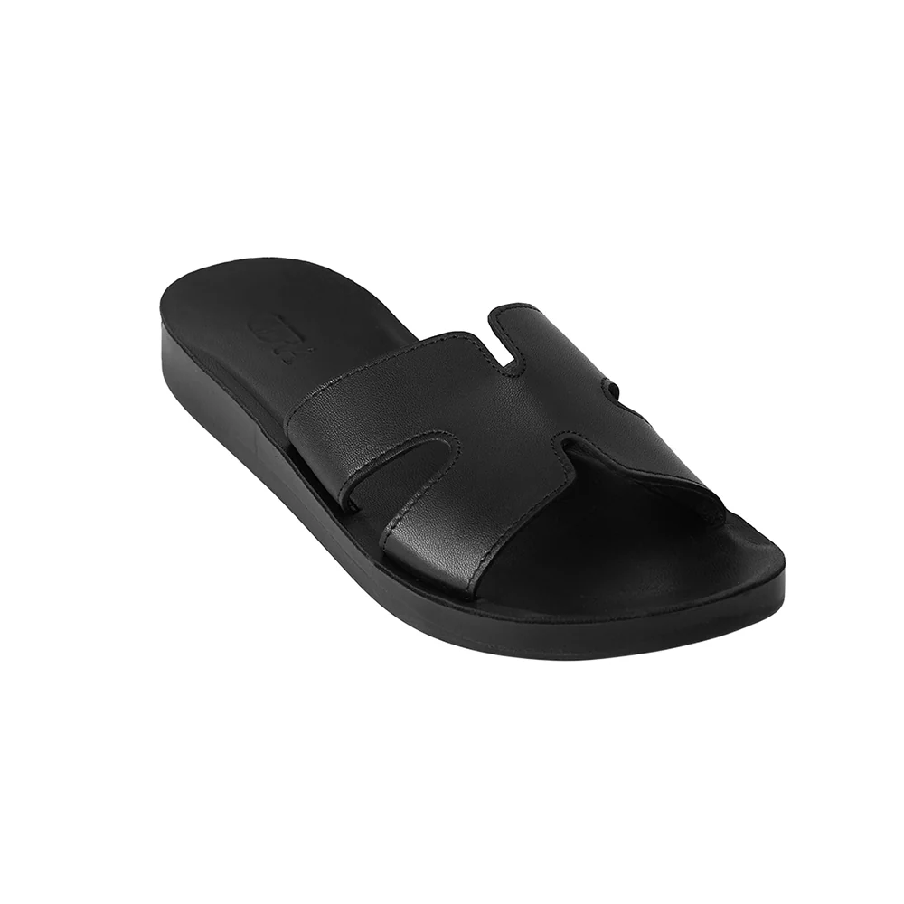 Black Flat Slide Leather Sandals - Image 4