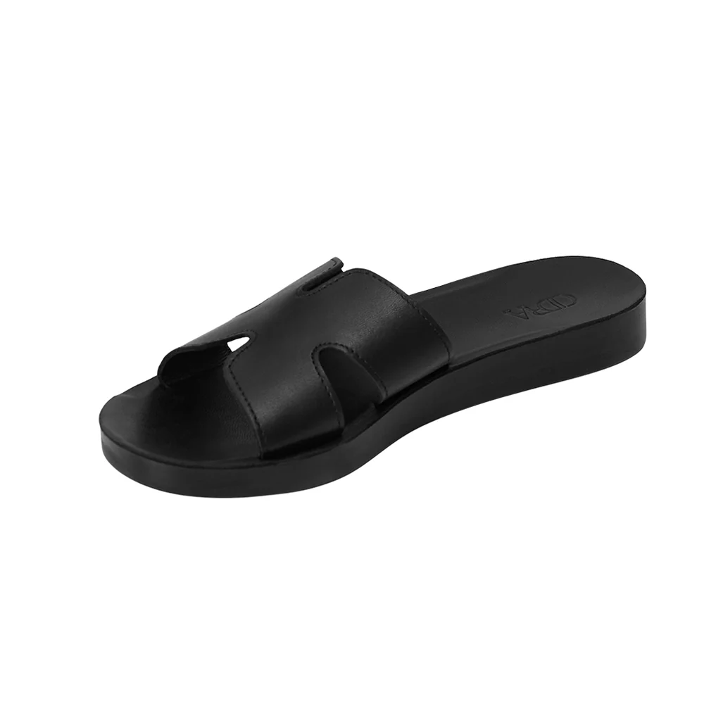 Black Flat Slide Leather Sandals - Image 6