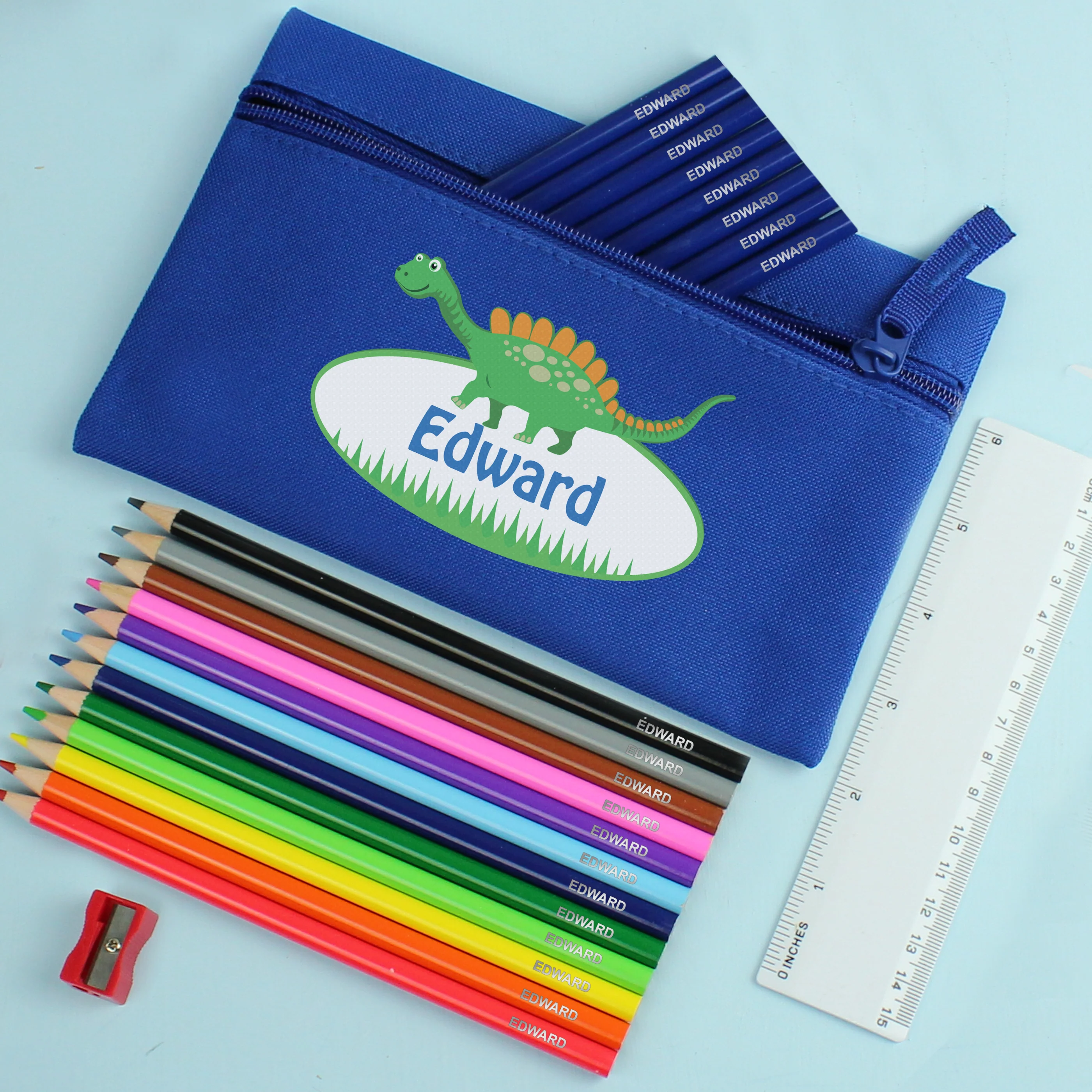 Blue Dinosaur Pencil Case with Personalised Pencils & Crayons - Image 2