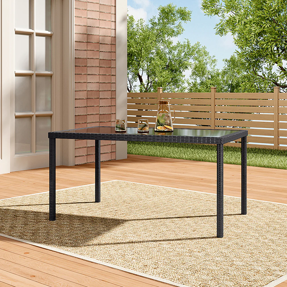 Breeins Rustic Rectangle Outdoor Wicker Table With Tempered Glass Tabletop - Image 2