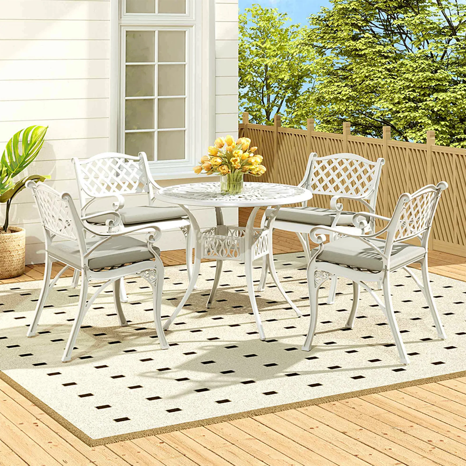 Breeins 5 Piece Cast Aluminium Garden Bistro Set With Cushions - 4 Seater Outdoor Patio Table & Chairs With Parasol Hole - Off White