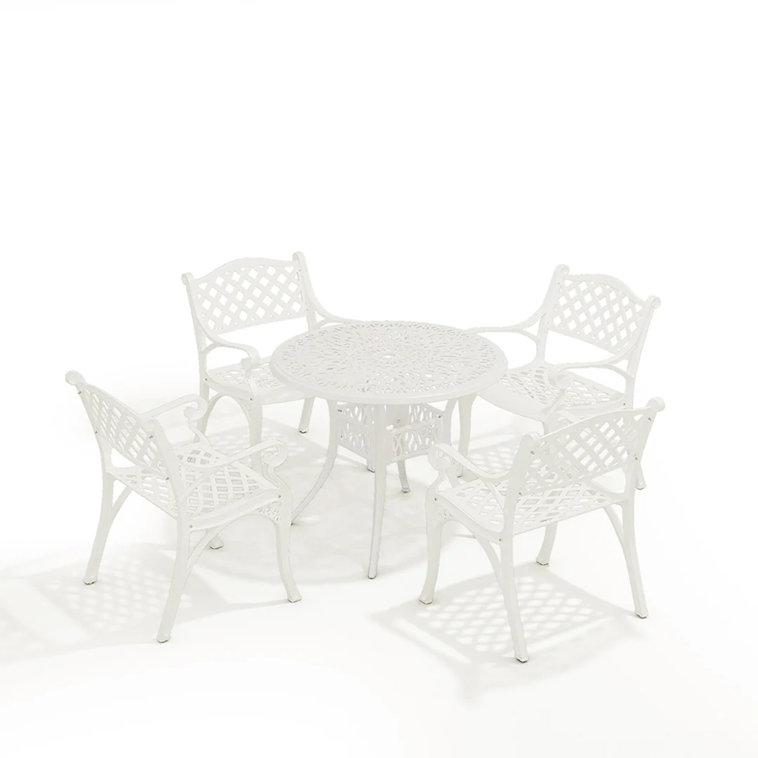Breeins 5 Piece Cast Aluminium Garden Bistro Set With Cushions - 4 Seater Outdoor Patio Table & Chairs With Parasol Hole - Off White - Image 4