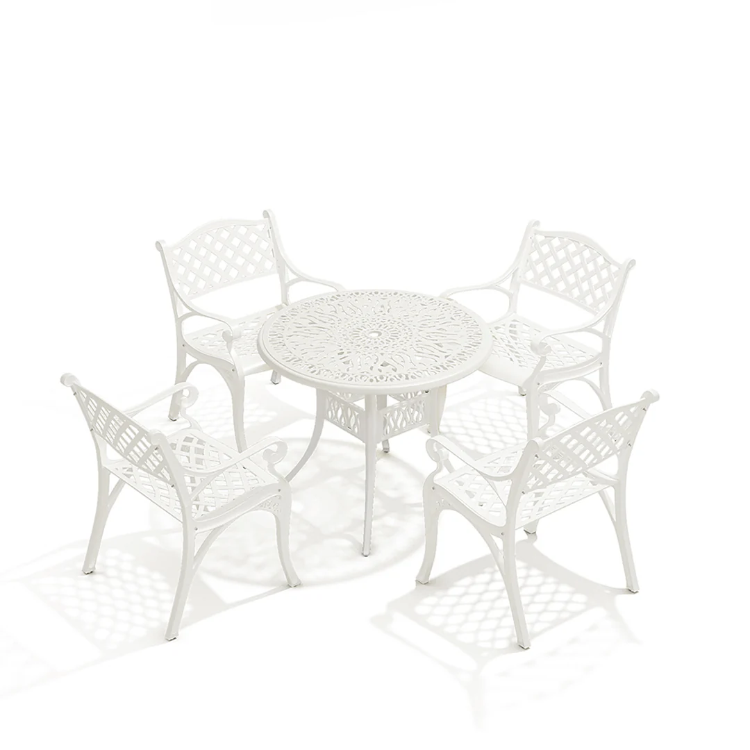 Breeins 5 Piece Cast Aluminium Garden Bistro Set With Cushions - 4 Seater Outdoor Patio Table & Chairs With Parasol Hole - Off White - Image 7