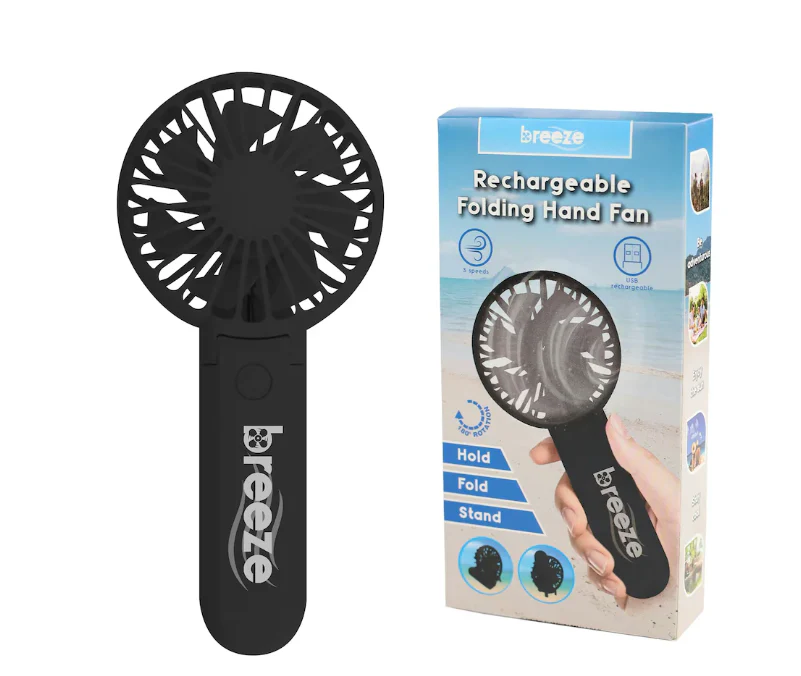 Breeze Rechargeable Folding Fan - Stand Up - Black - Image 2