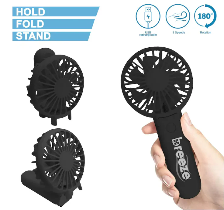 Breeze Rechargeable Folding Fan - Stand Up - Black - Image 3