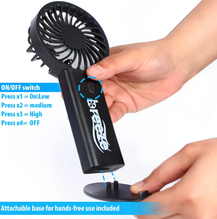 Breeze Rechargeable Folding Fan-Stand Up- Large Black - Image 4