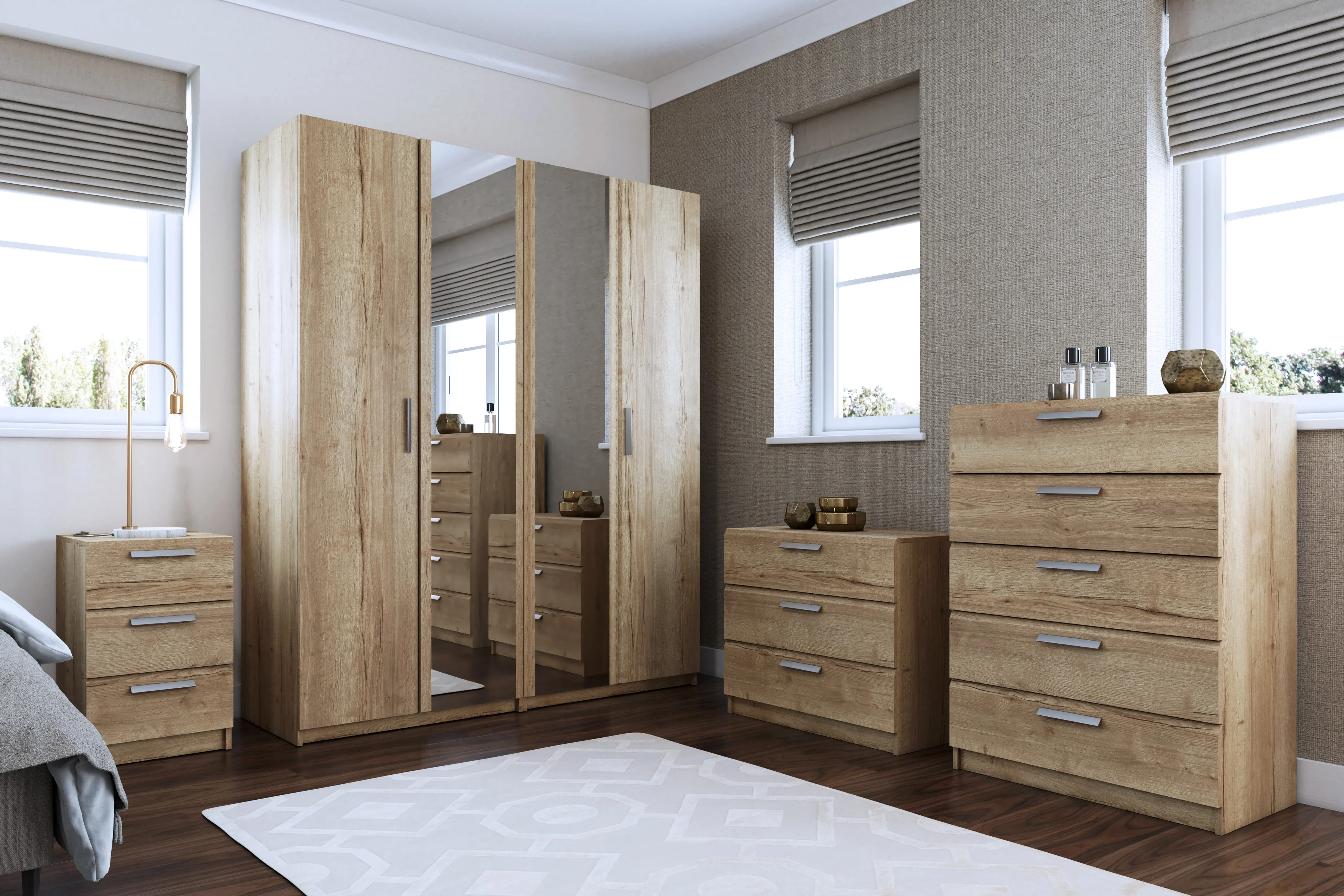 Buckingham Ready Assembled Wardrobe with 2 Doors, Drawers & Mirror - Natural Rustic Oak - Image 6