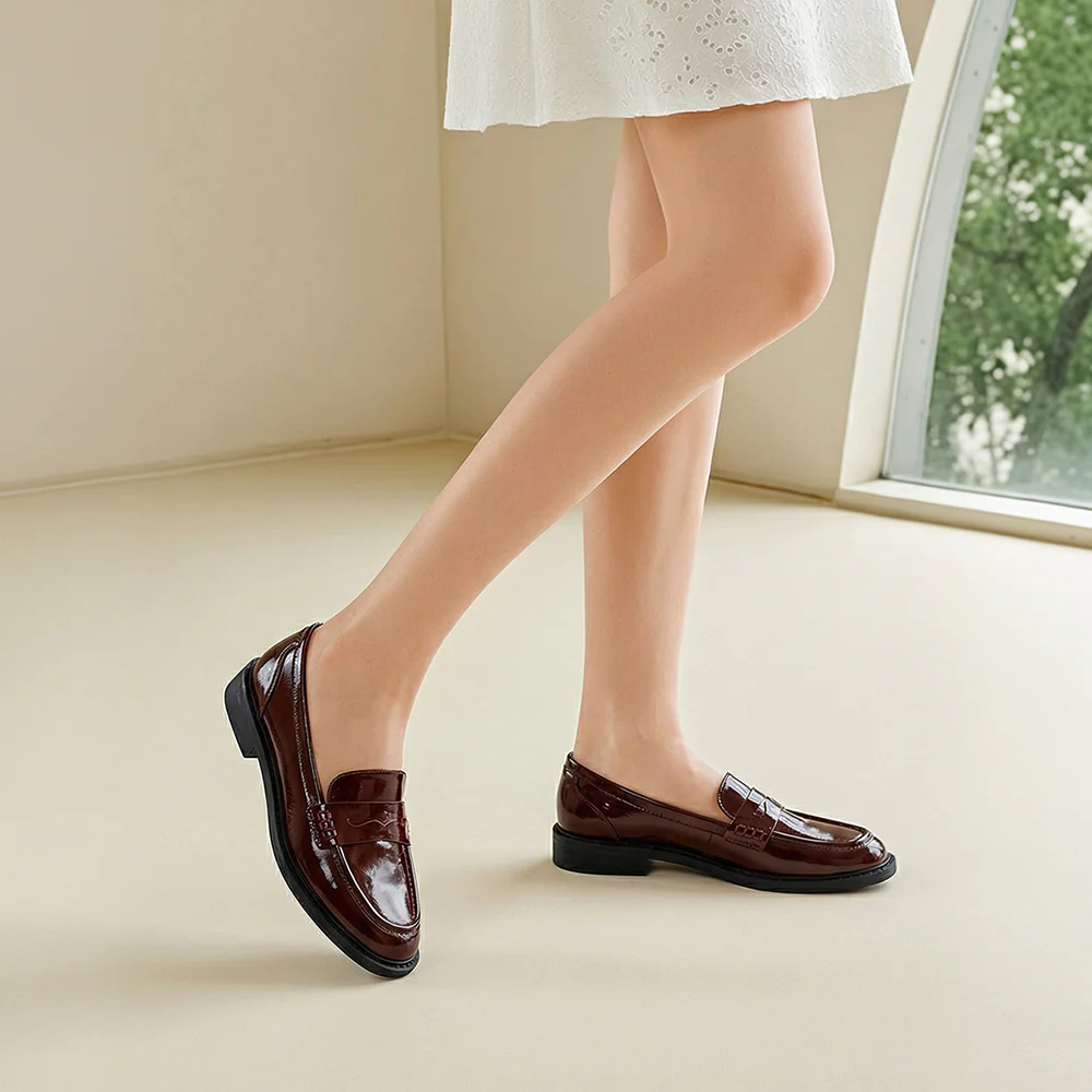 Casual Closed Toe Slip-on Penny Loafers with Low Heel - Burgundy - Image 2
