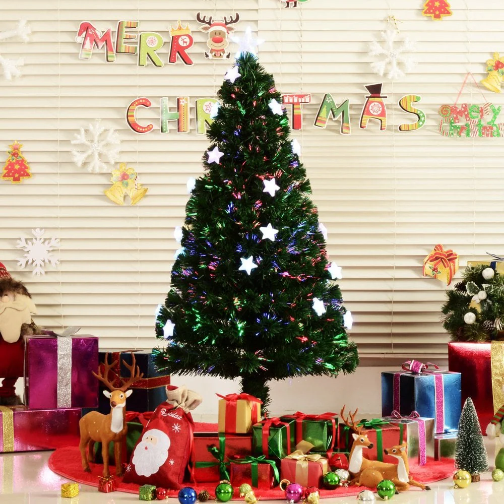 Christmas Time 5ft 150cm Fibre Optic Artificial Christmas Tree W/ Stars Lights-Green