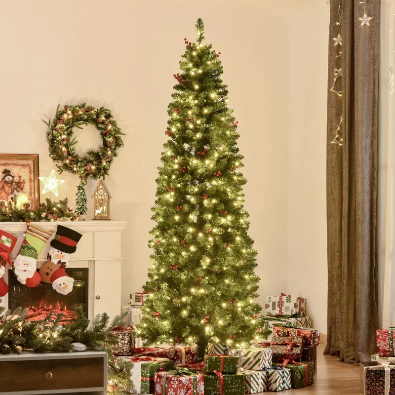 HOMCOM 7ft Green Prelit Artificial Pencil Christmas Tree - Image 2