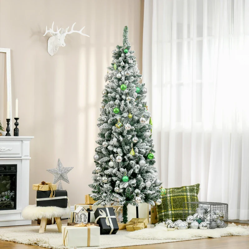 HOMCOM Christmas Tree Snow Flocked Slim 6' with Pinewood Base - Image 10