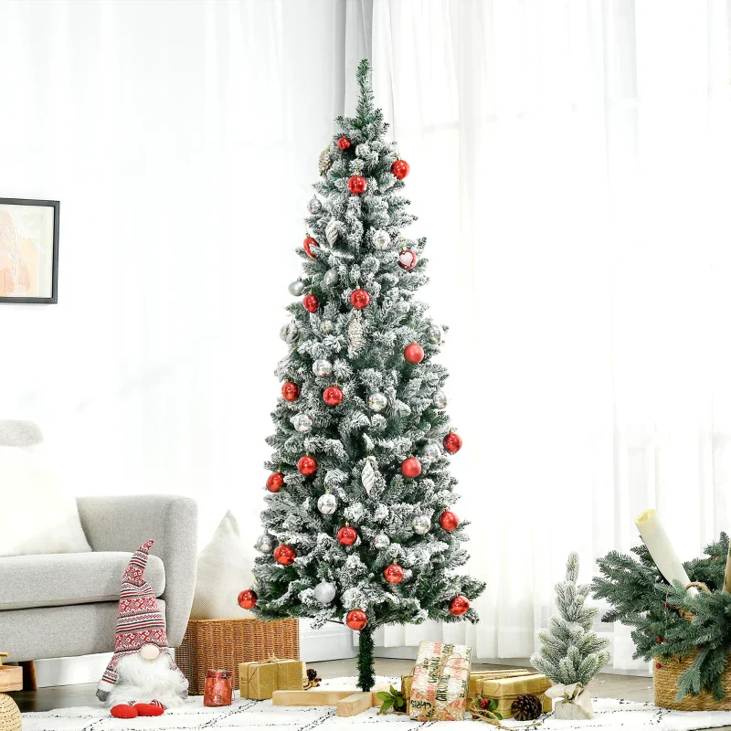 HOMCOM Christmas Tree Snow Flocked Slim 6' with Pinewood Base - Image 2