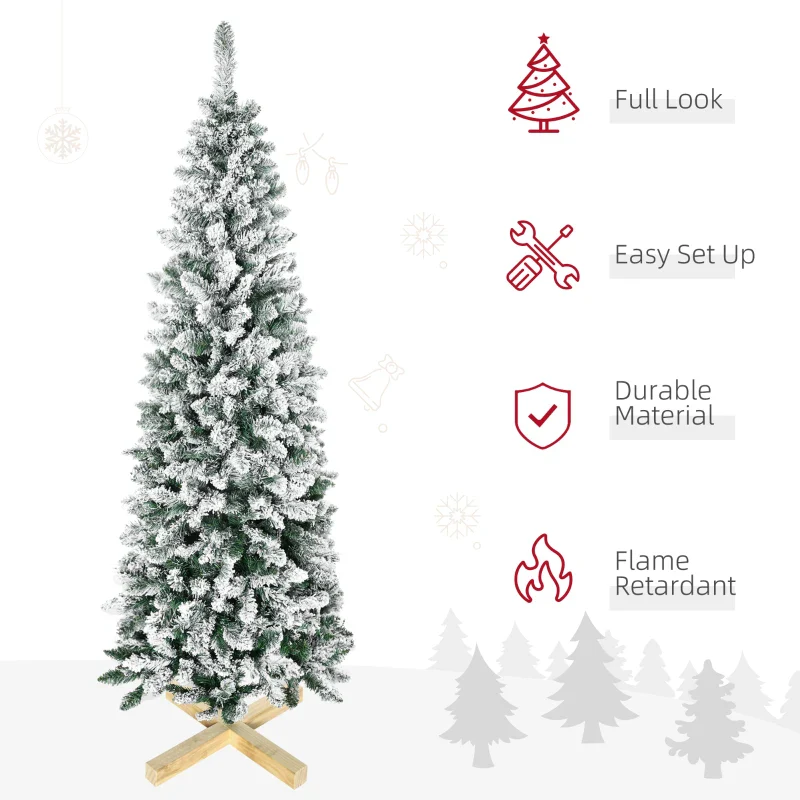 HOMCOM Christmas Tree Snow Flocked Slim 6' with Pinewood Base - Image 4