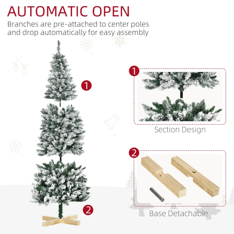 HOMCOM Christmas Tree Snow Flocked Slim 6' with Pinewood Base - Image 6