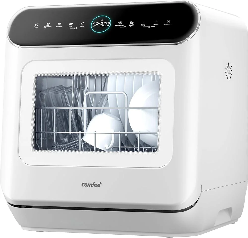 COMFEE White Countertop Dishwasher With A Visible Door