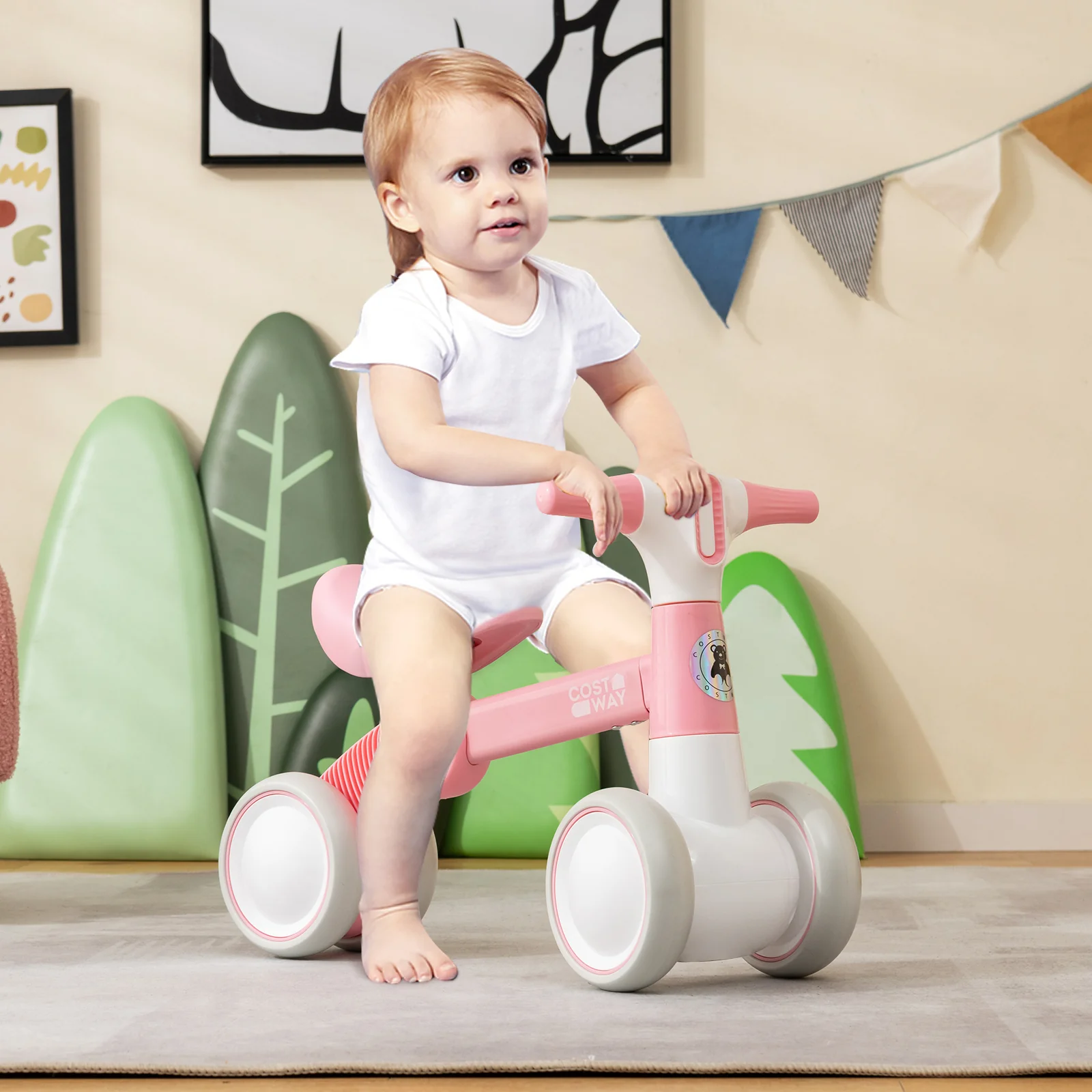 Cute Baby Balance Bike 4 Wheels with Steering Handlebars No Pedal-Pink - Image 2
