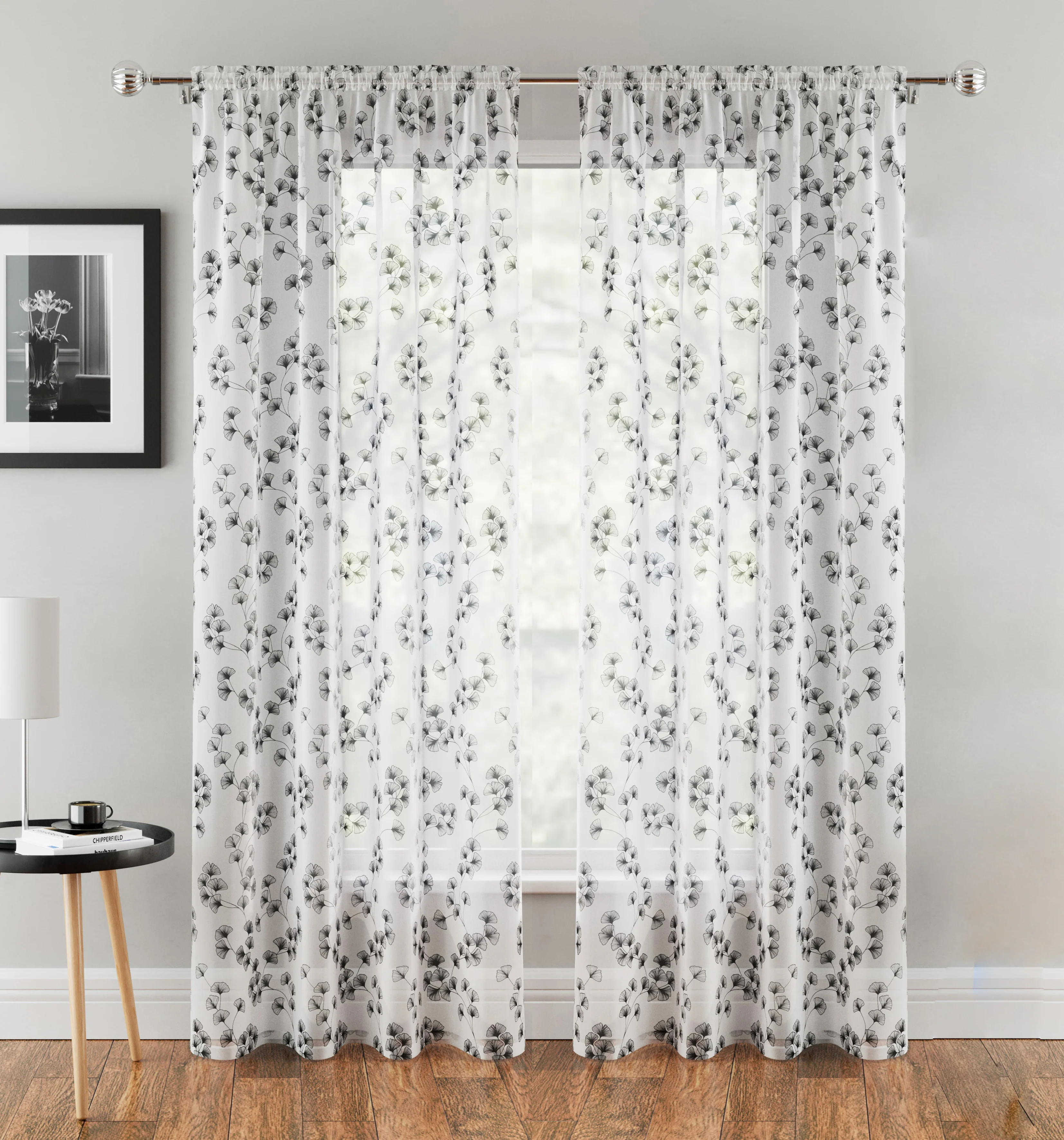 Delila Black Leaf Print Voile Panel - Pair