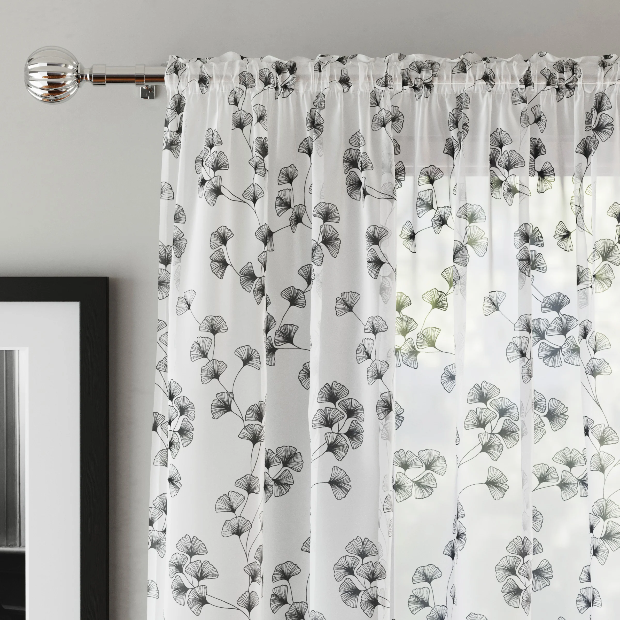 Delila Black Leaf Print Voile Panel - Pair - Image 2