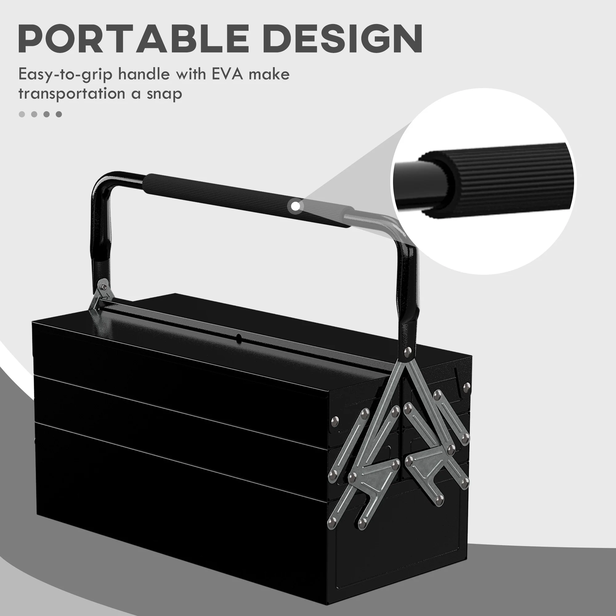 DURHAND 3 Tier Metal Toolbox with 5 Tray Carry Handle 45cmx22.5cmx34.5cm Black - Image 3