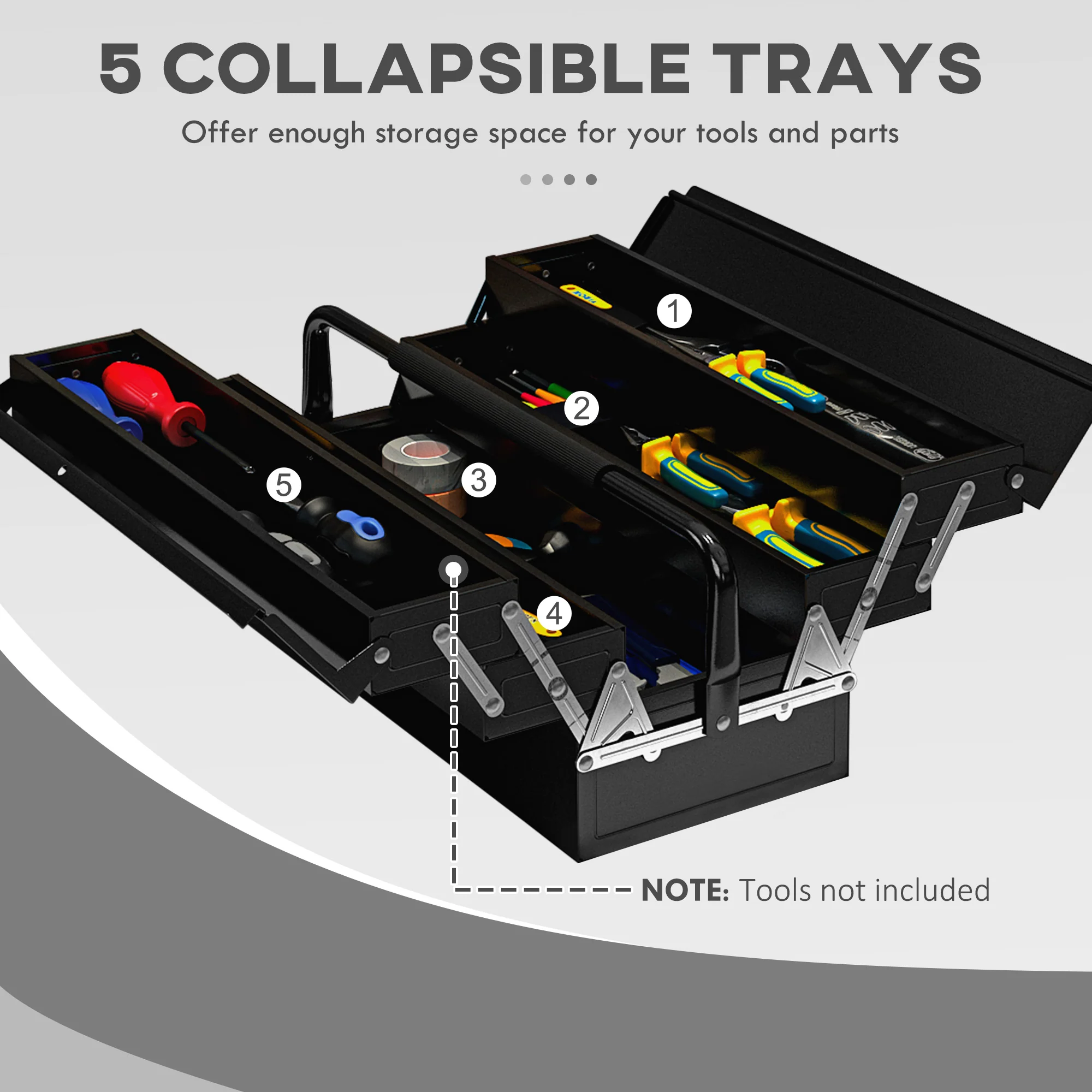 DURHAND 3 Tier Metal Toolbox with 5 Tray Carry Handle 45cmx22.5cmx34.5cm Black - Image 4