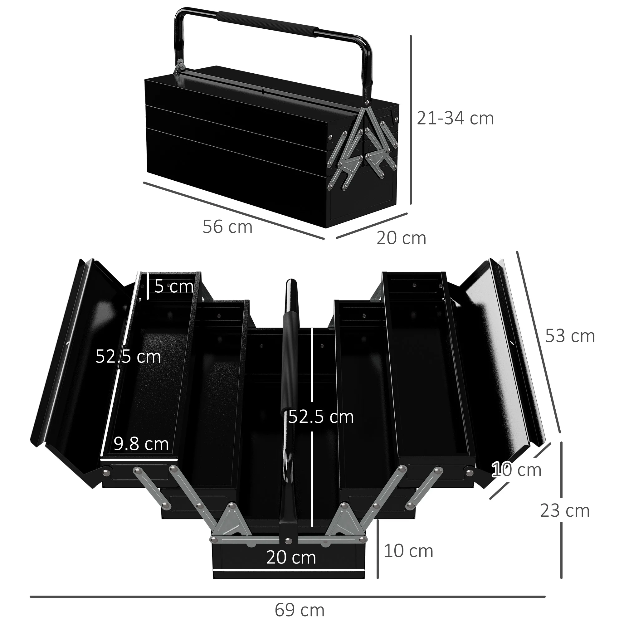DURHAND 3 Tier Metal Toolbox with 5 Tray Carry Handle 56cmx20cmx34cm Black - Image 5