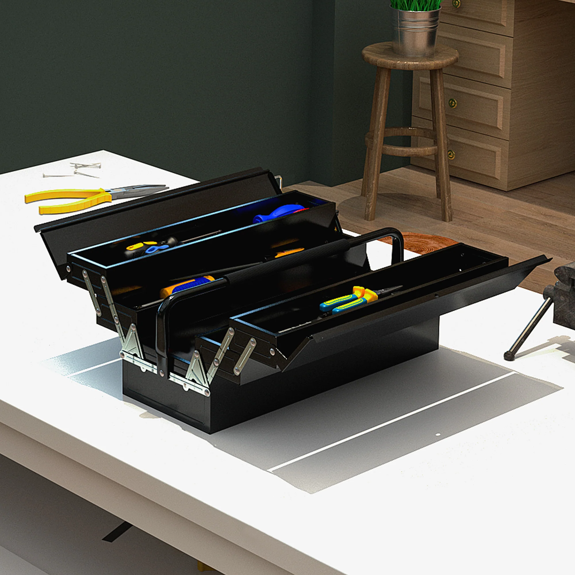 DURHAND 3 Tier Metal Toolbox with 5 Tray Carry Handle 56cmx20cmx34cm Black - Image 7