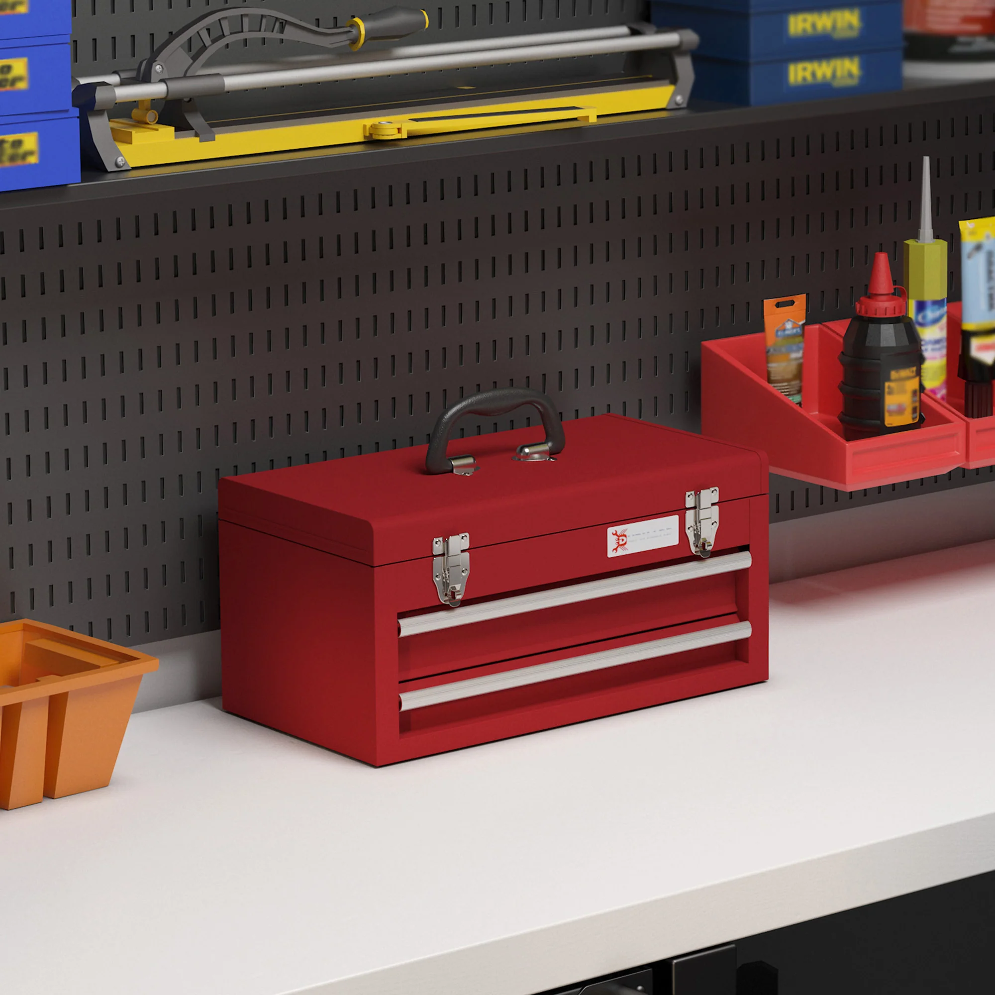 DURHAND Lockable 2 Drawer Tool Chest With Ball Bearing Slide Drawers Red - Image 2