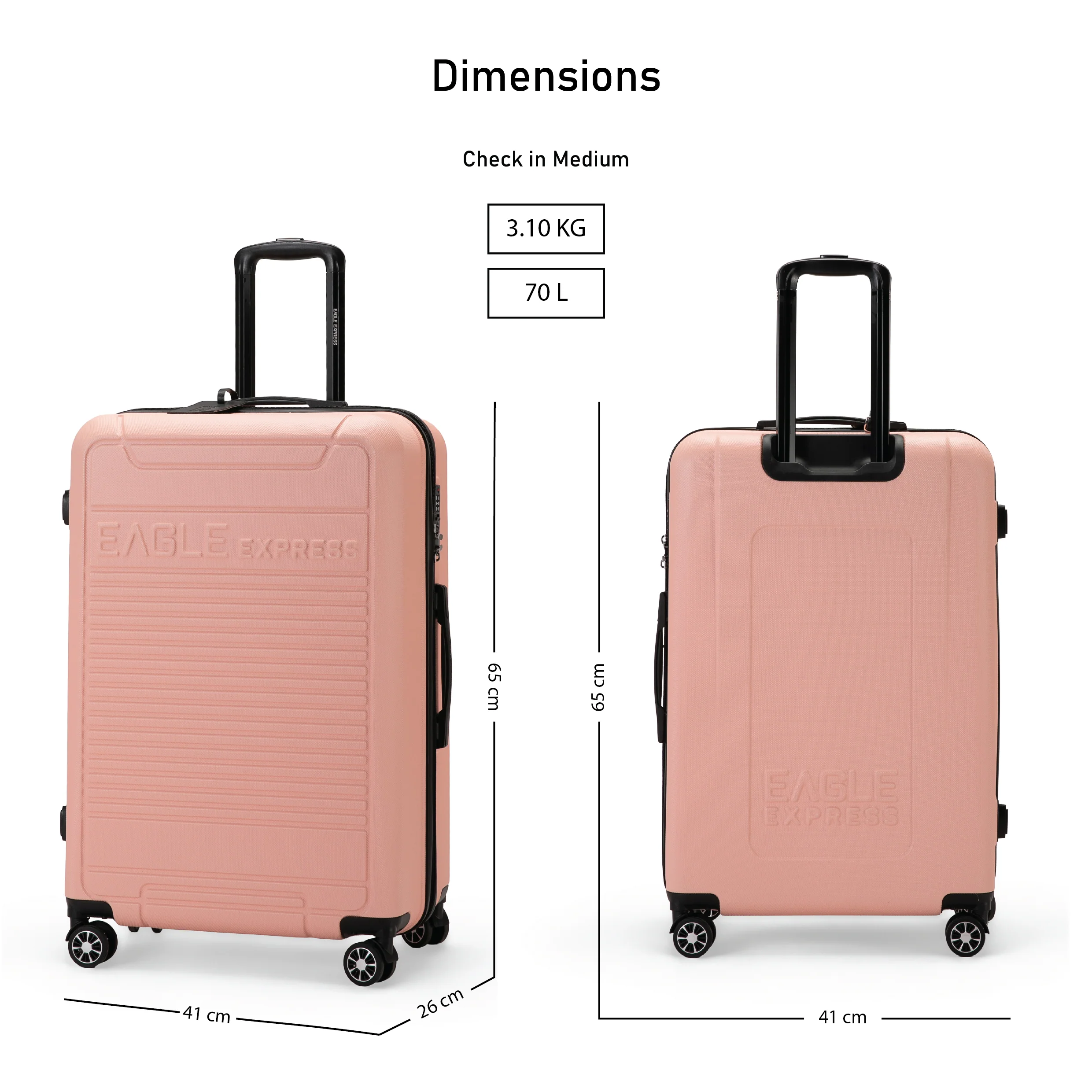 Eagle Express Defender ABS Hard Trolley Lightweight Expandable Luggage Trolley 3 Piece Set -Baby Pink - Image 9