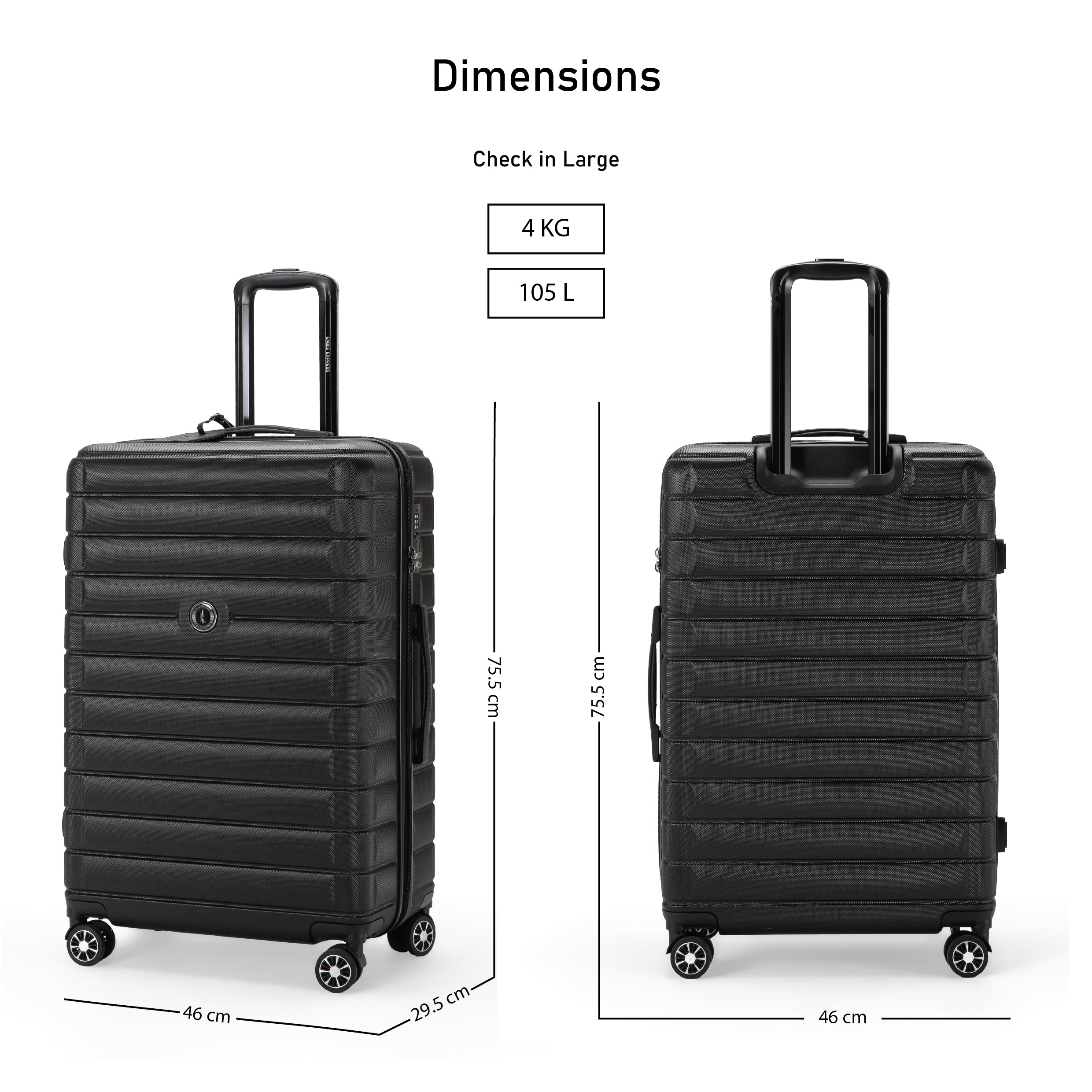 Eagle Express Eagle-Wood ABS Hard Trolley Lightweight Expandable Luggage Trolley 3 Piece Set - Black - Image 3