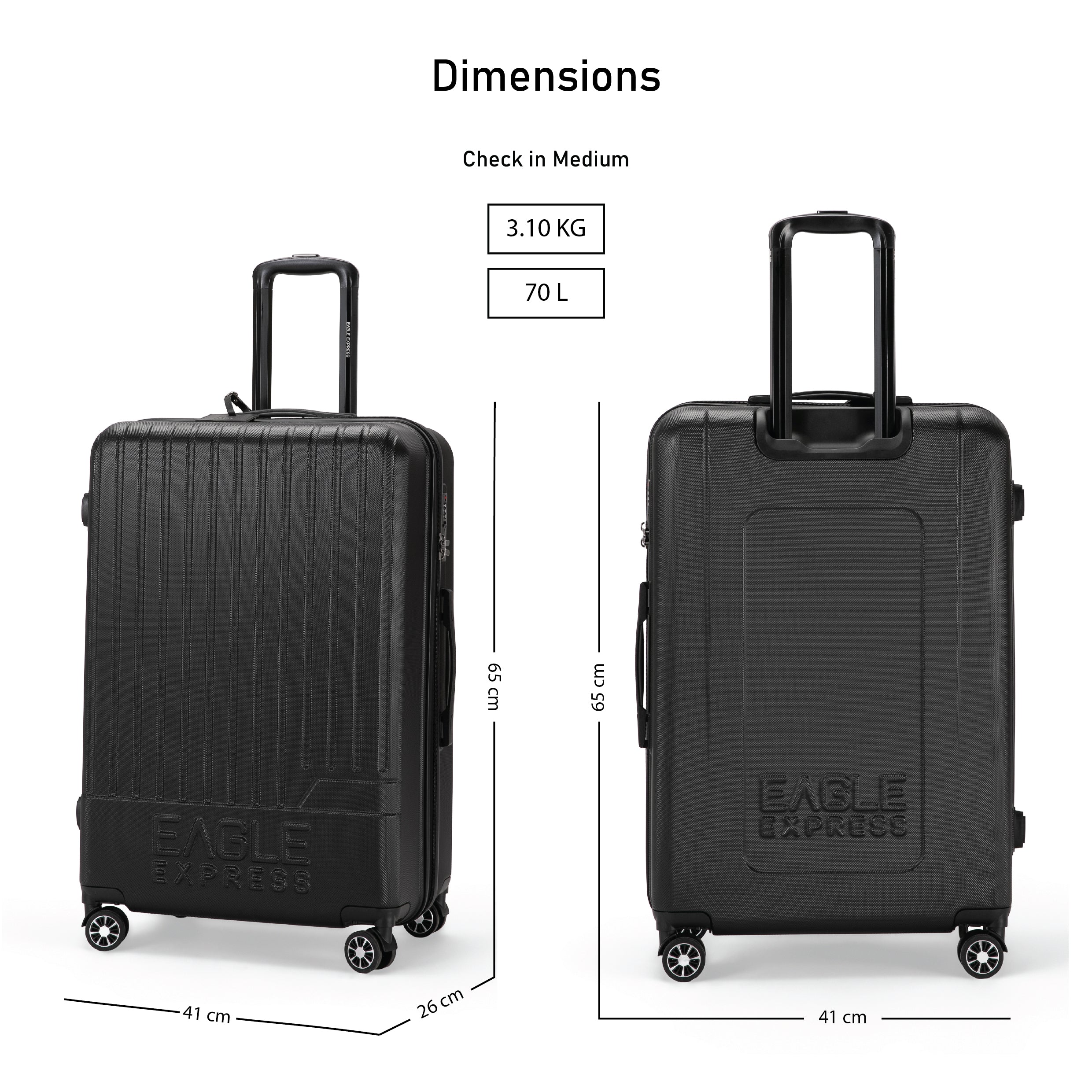 Eagle Express Fusion ABS Hard Trolley Lightweight Expandable Luggage Trolley 3 Piece Set - Black - Image 4