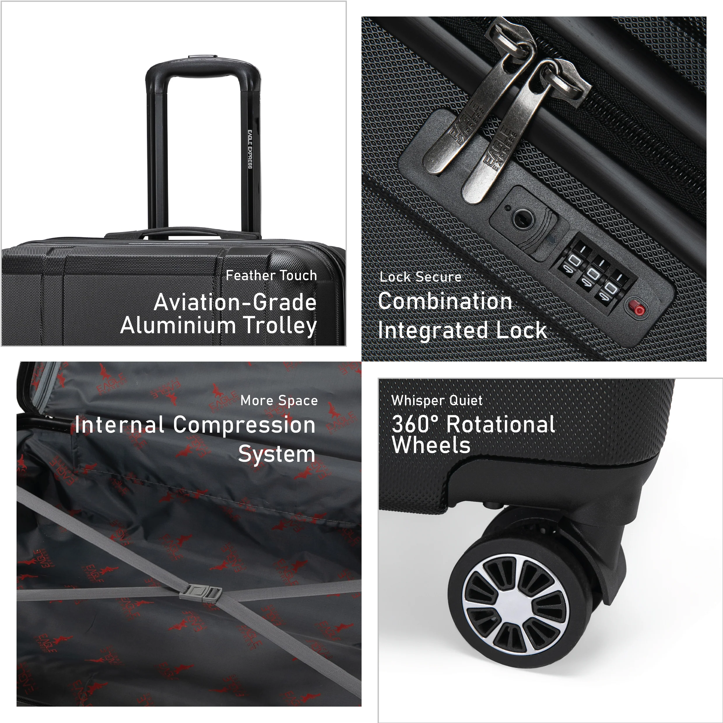 Eagle Express Patron ABS Hard Trolley Lightweight Expandable Luggage Trolley 3 Piece Set - Black - Image 3