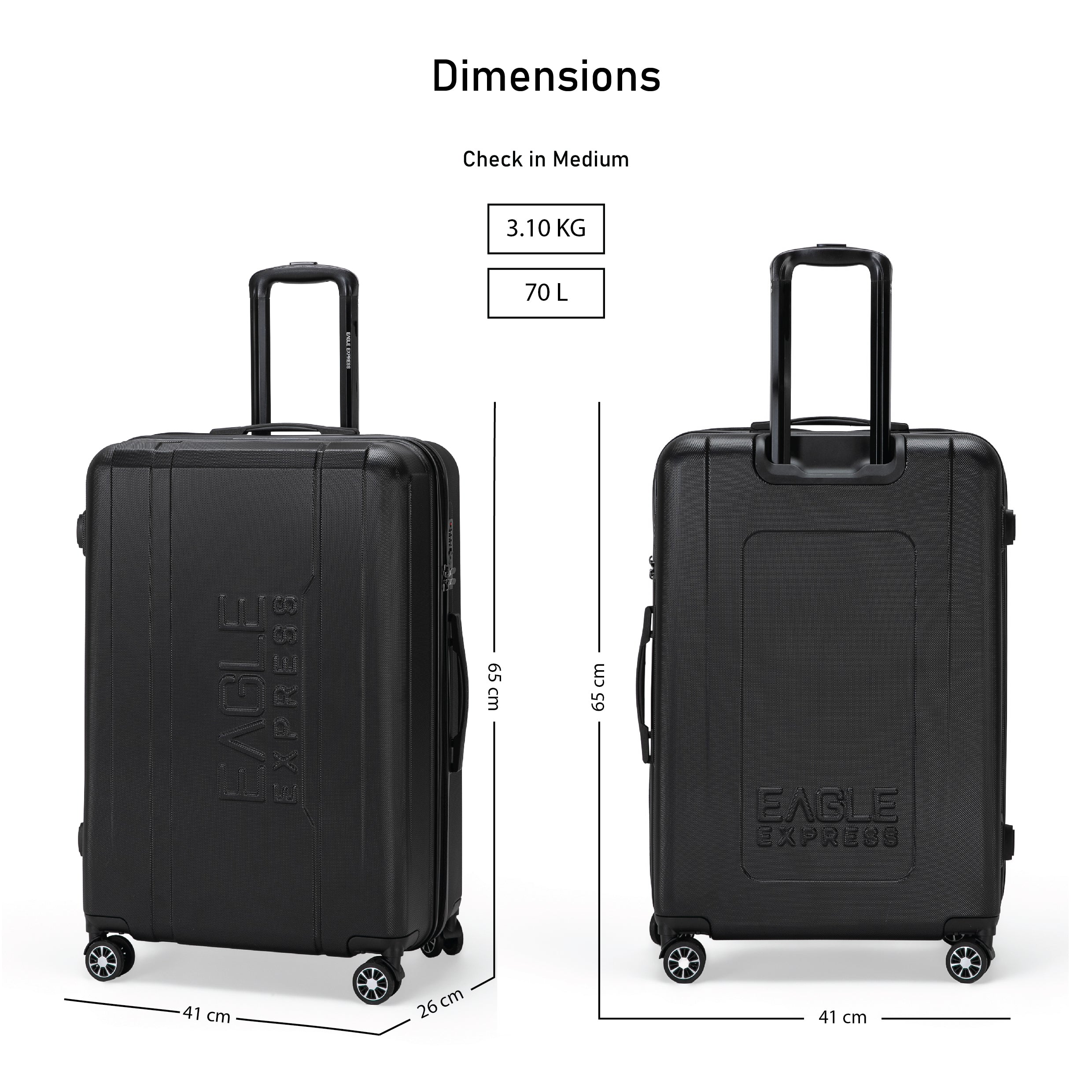 Eagle Express Patron ABS Hard Trolley Lightweight Expandable Luggage Trolley 3 Piece Set - Black - Image 6