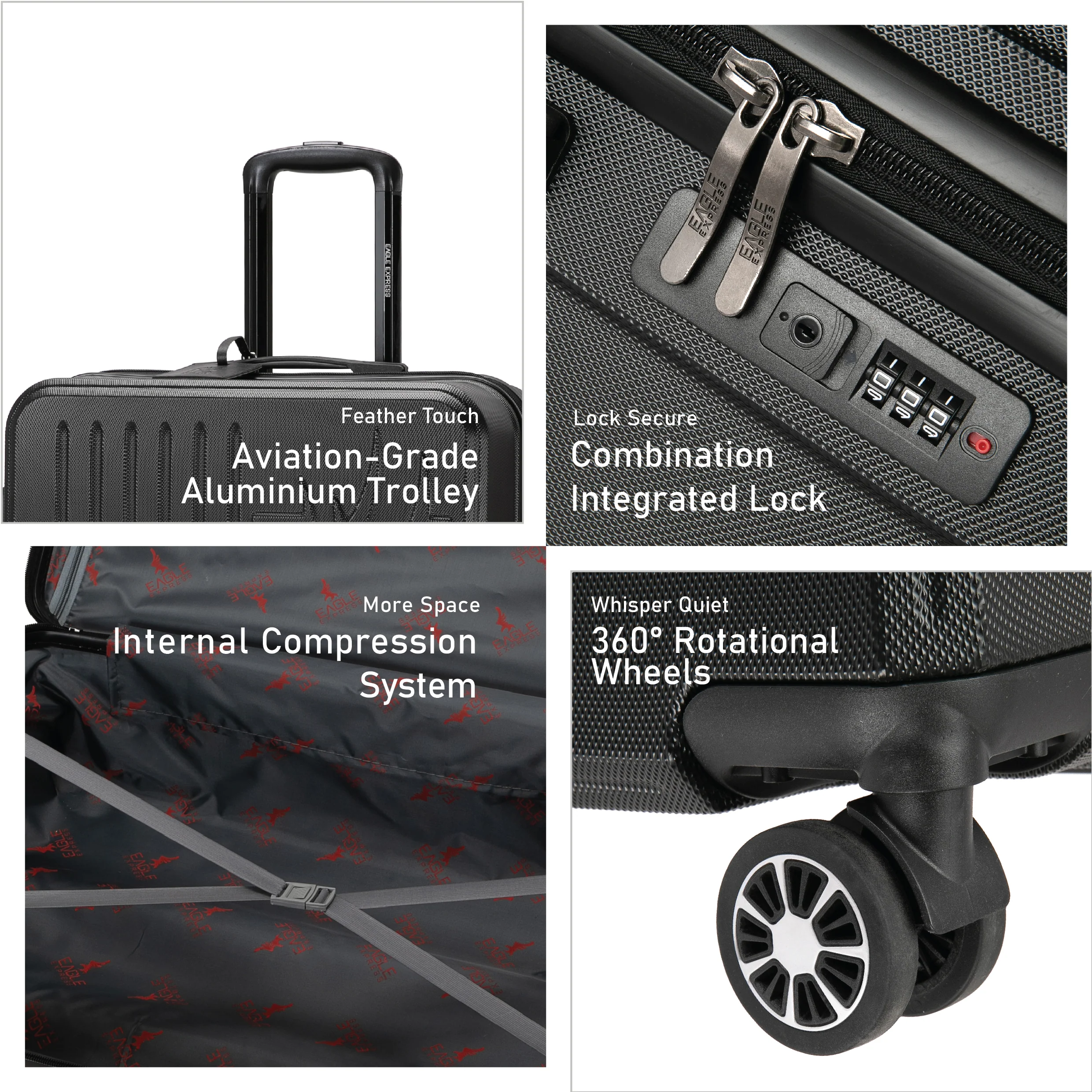 Eagle Express Superior ABS Hard Trolley Lightweight Expandable Luggage Trolley 3 Piece Set - Black - Image 2