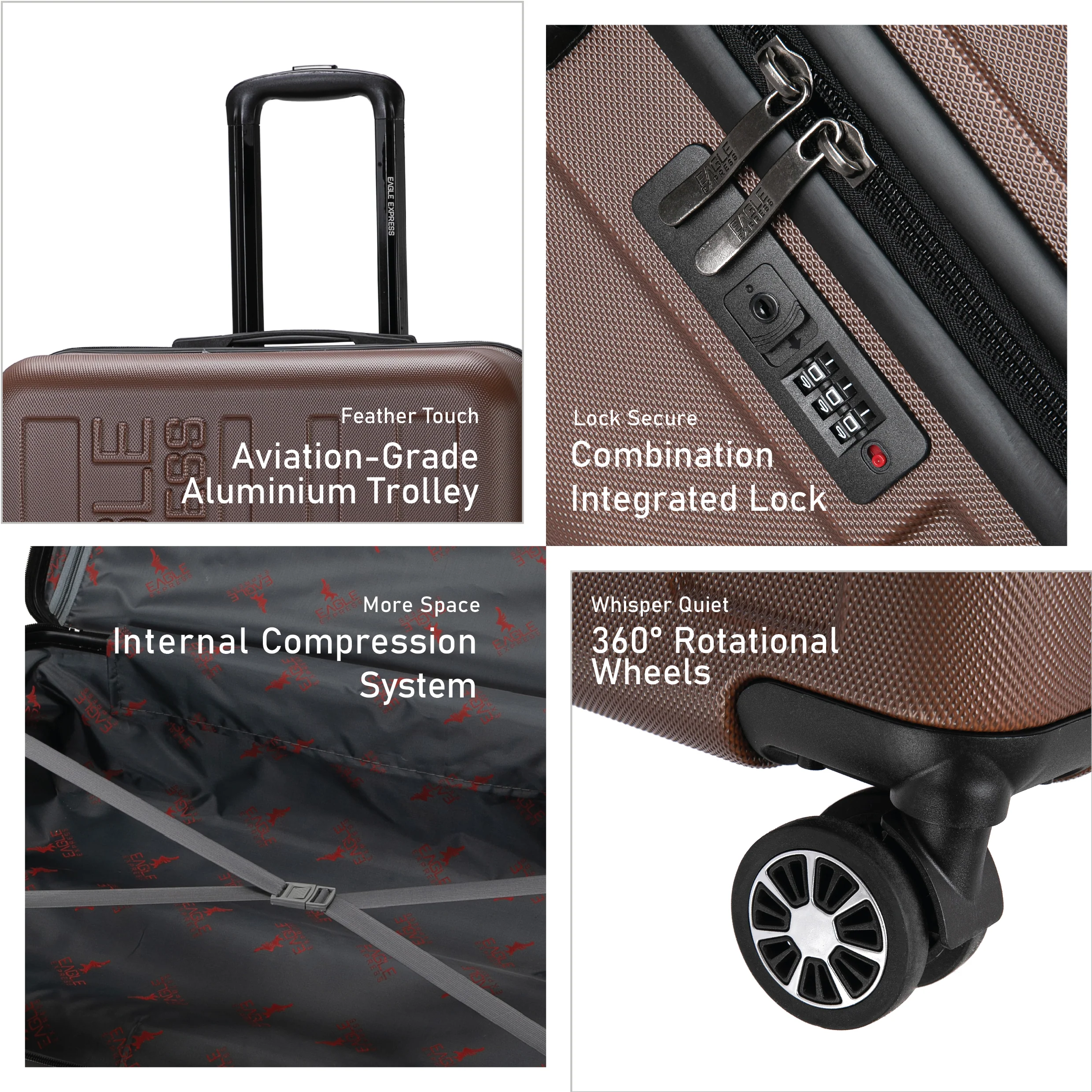 Eagle Express Venture ABS Hard Trolley Lightweight Expandable Luggage Trolley 3 Piece Set - Coffee - Image 2