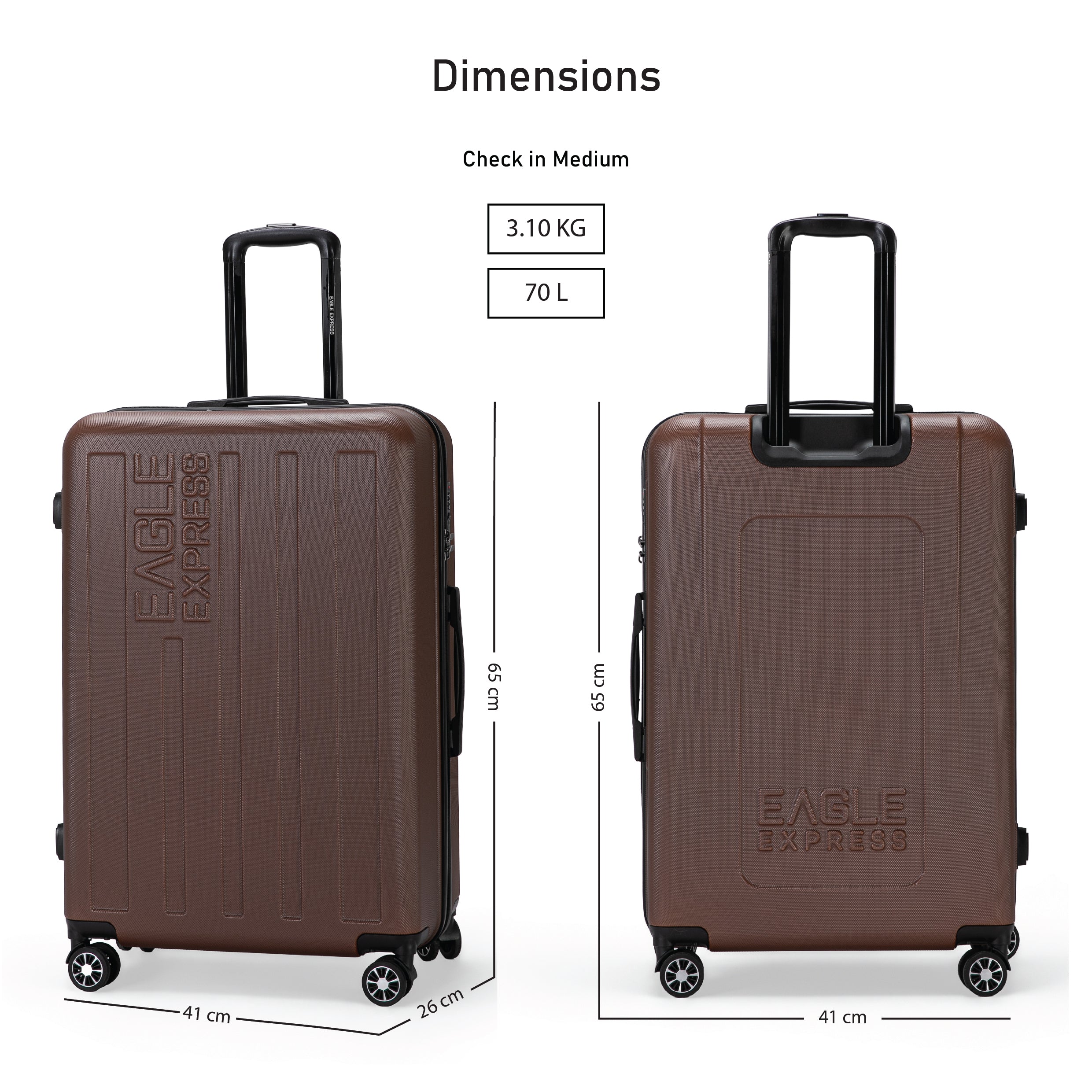 Eagle Express Venture ABS Hard Trolley Lightweight Expandable Luggage Trolley 3 Piece Set - Coffee - Image 4
