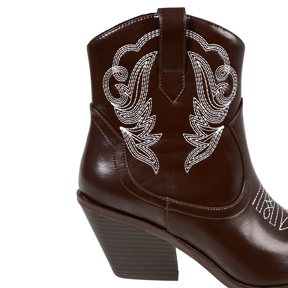 Embroidered Pointed Toe Cowboy Ankle Boots with Block Heel - Image 5