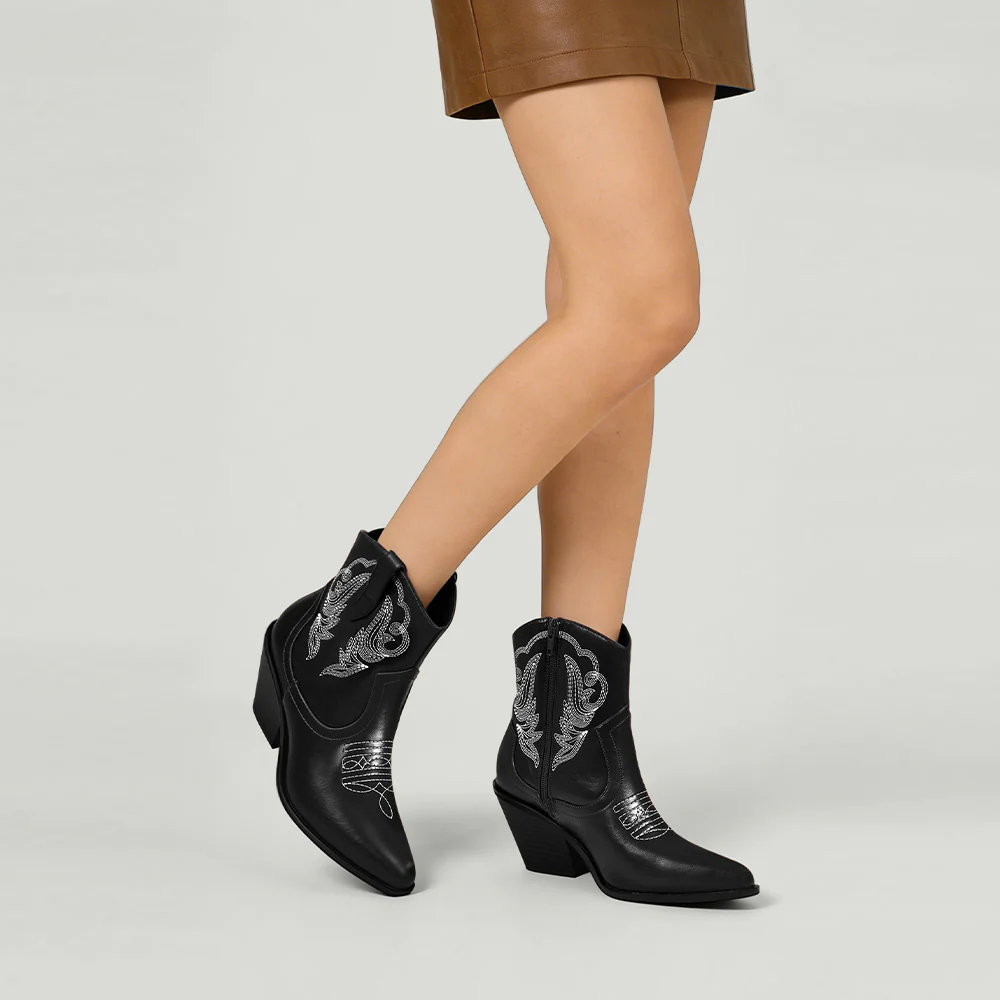 Embroidered Pointed Toe Cowboy Ankle Boots With Block Heel - Black