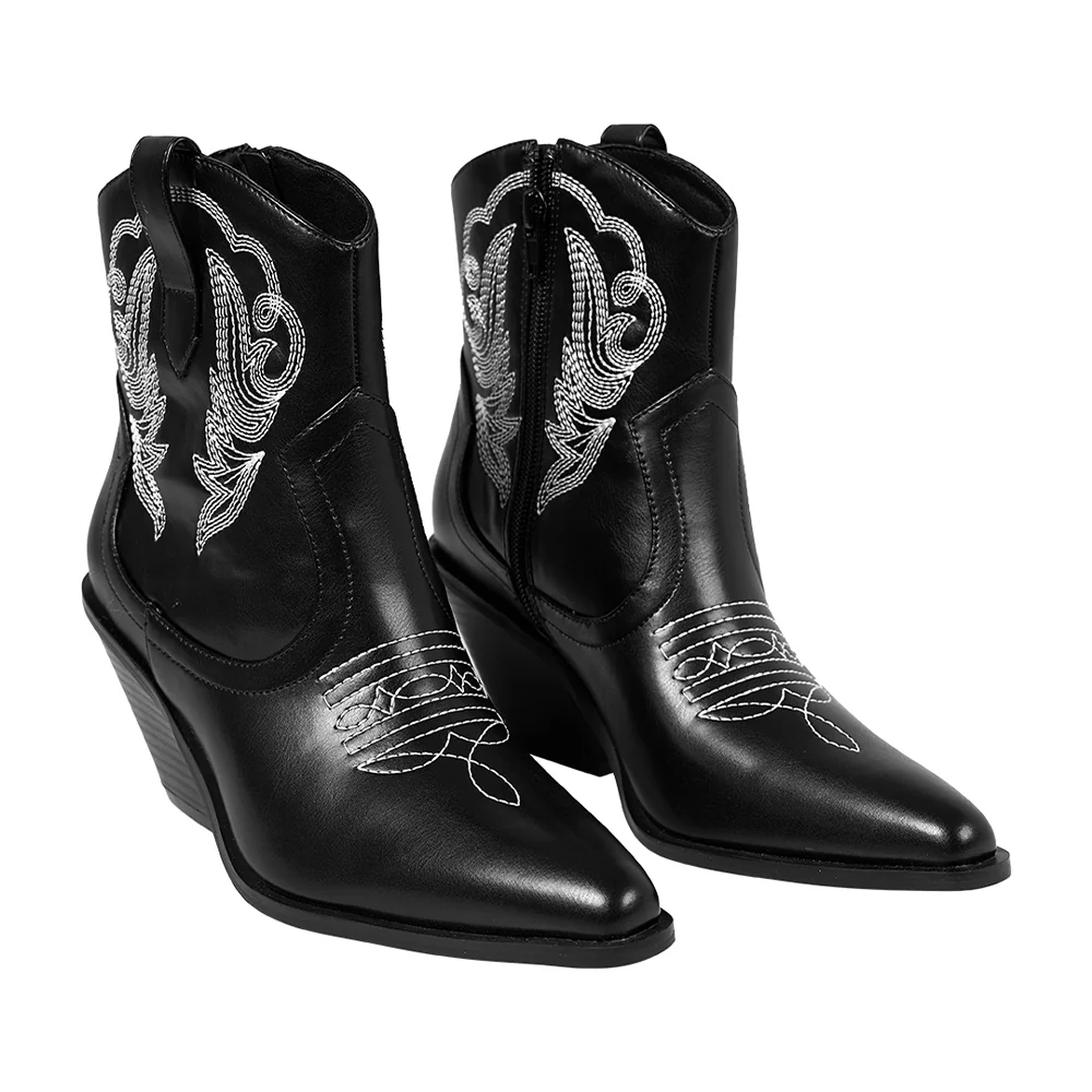 Embroidered Pointed Toe Cowboy Ankle Boots With Block Heel - Black - Image 3