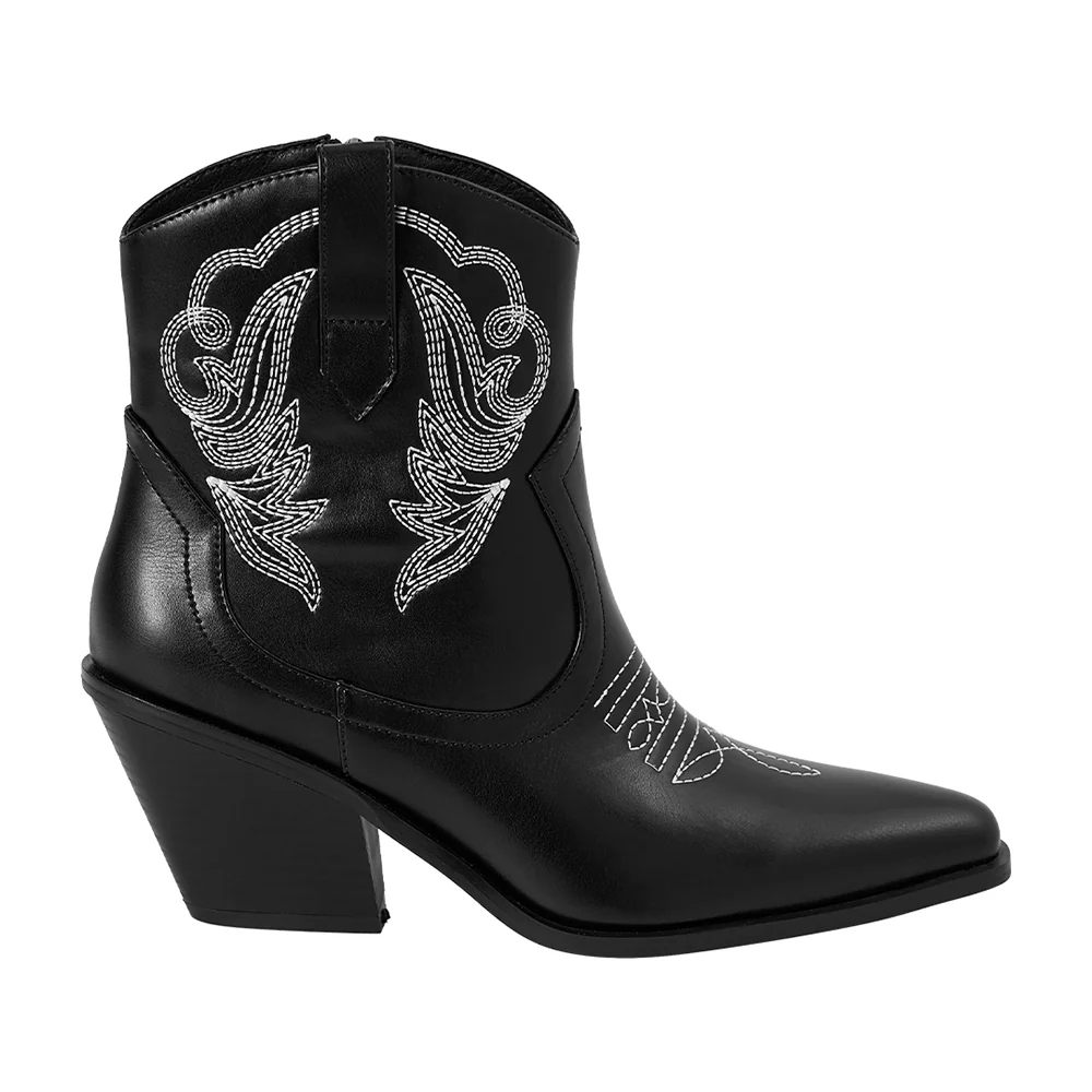 Embroidered Pointed Toe Cowboy Ankle Boots With Block Heel - Black - Image 4